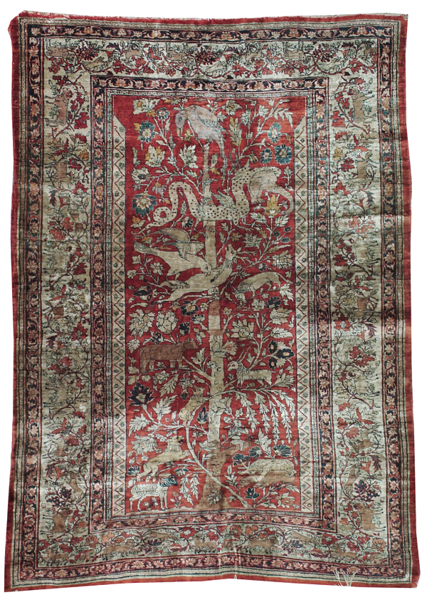 Antique Persian Silk Tabriz Pictorial Accent Rug, No.16402 - Gsblank