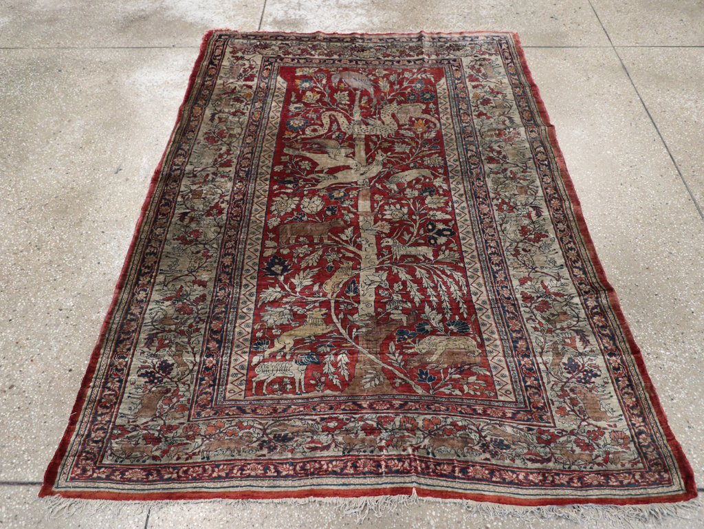 Antique Persian Silk Tabriz Pictorial Accent Rug, No.16402 - Gsblank