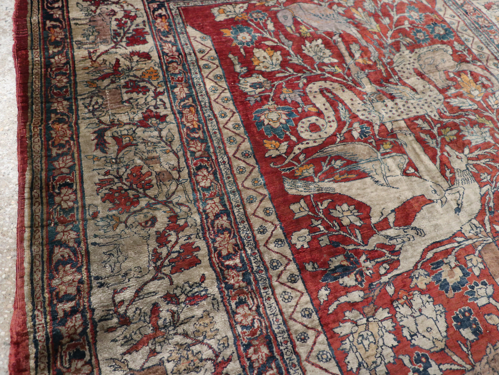 Antique Persian Silk Tabriz Pictorial Accent Rug, No.16402 - Gsblank