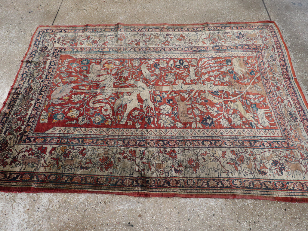 Antique Persian Silk Tabriz Pictorial Accent Rug, No.16402 - Gsblank