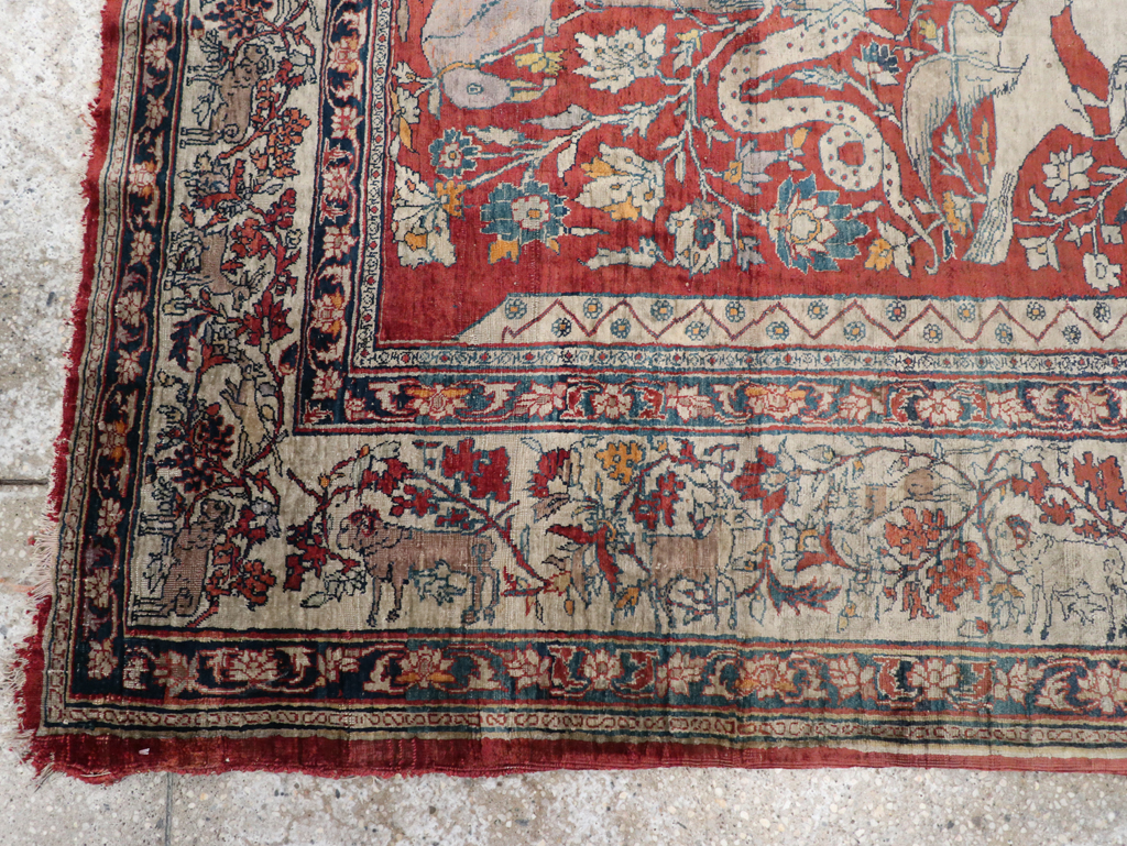 Antique Persian Silk Tabriz Pictorial Accent Rug, No.16402 - Gsblank