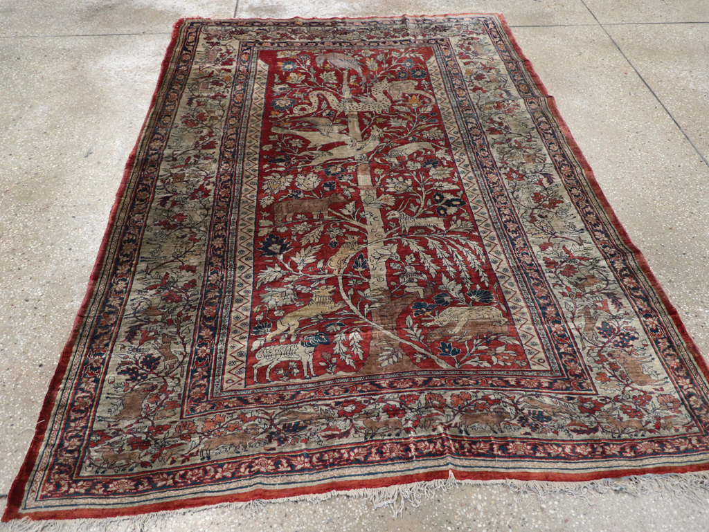 Antique Persian Silk Tabriz Pictorial Accent Rug, No.16402 - Gsblank