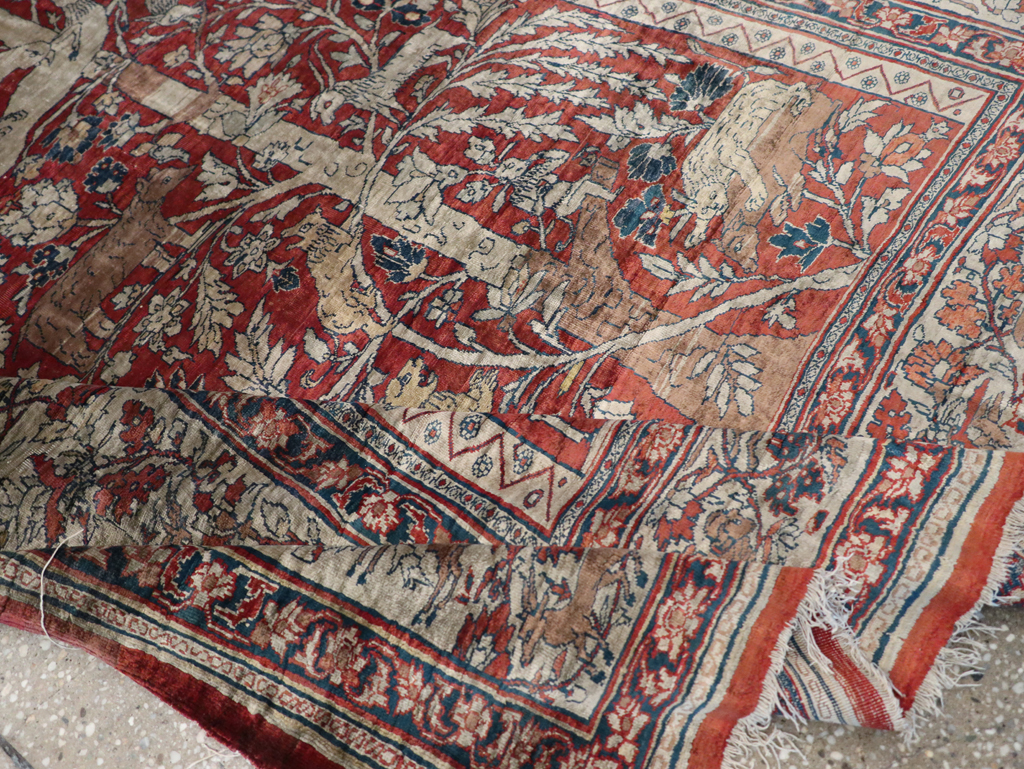 Antique Persian Silk Tabriz Pictorial Accent Rug, No.16402 - Gsblank