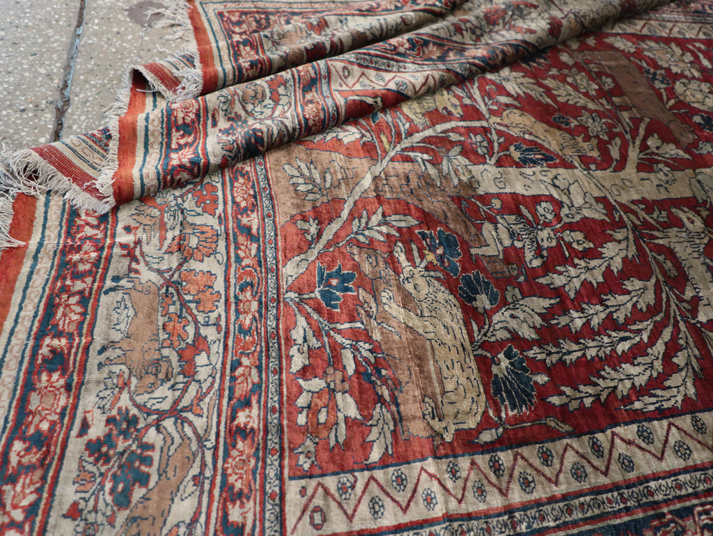 Antique Persian Silk Tabriz Pictorial Accent Rug, No.16402 - Gsblank