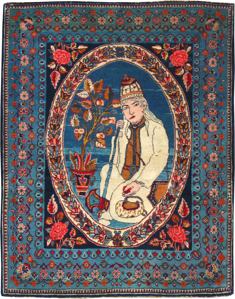 Vintage Persian Yazd Pictorial Throw Rug, No.19029 - Gsblank