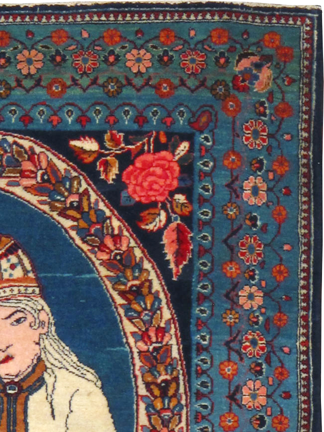 Vintage Persian Yazd Pictorial Throw Rug, No.19029 - Gsblank