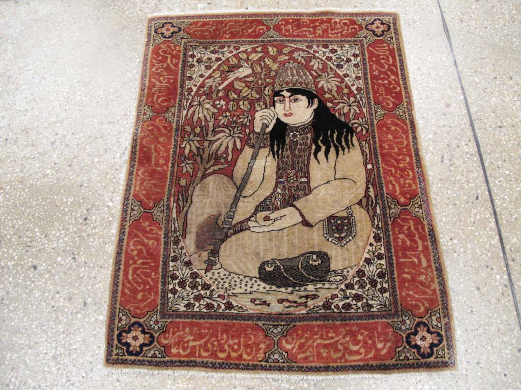 Antique Persian Mohtasham Kashan Pictorial Rug, No.21169 - Gsblank