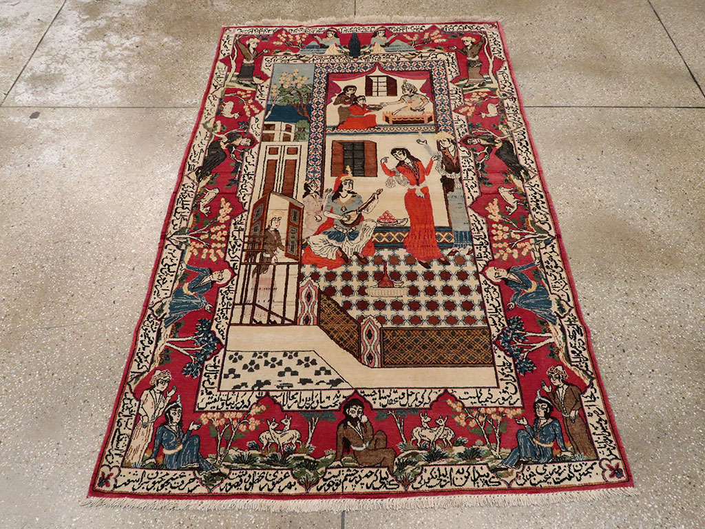 Vintage Persian Kashan Pictorial Rug, No.22075 - Gsblank