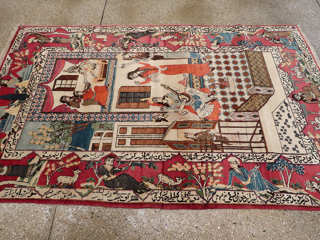 Vintage Persian Kashan Pictorial Rug, No.22075 - Gsblank