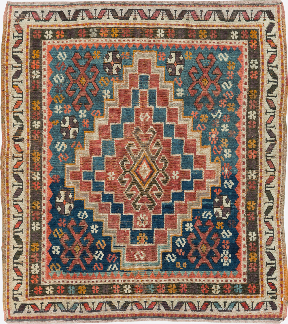 Antique Caucasian Kazak Square Throw Rug, No.22843 - Gsblank
