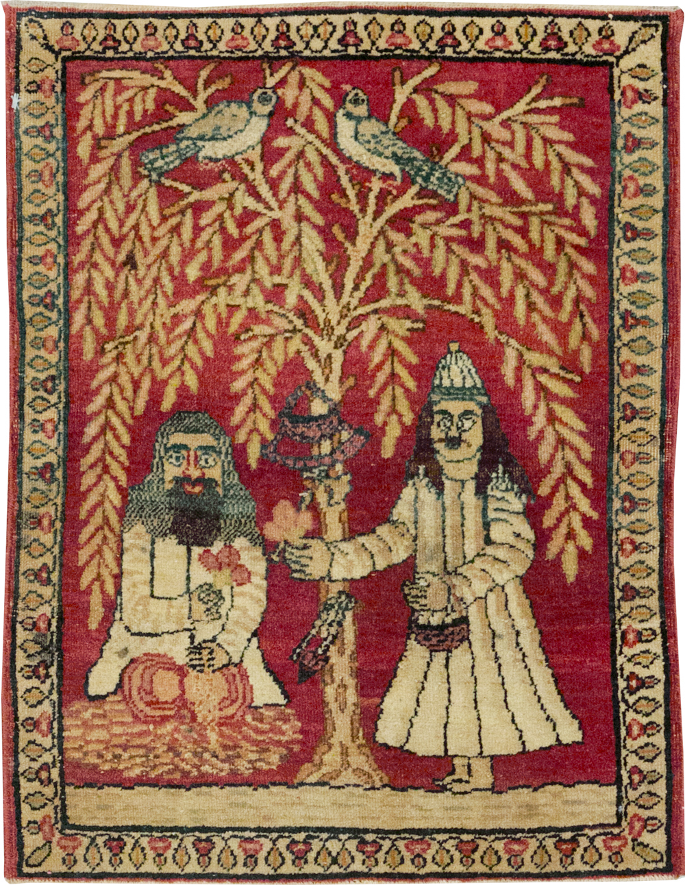 Antique Persian Lavar Kerman Pictorial Rug (Pair: 2 of 2), No.23078 - Gsblank