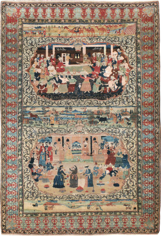 Vintage Persian Kerman Pictorial Rug, No.23123 - Gsblank