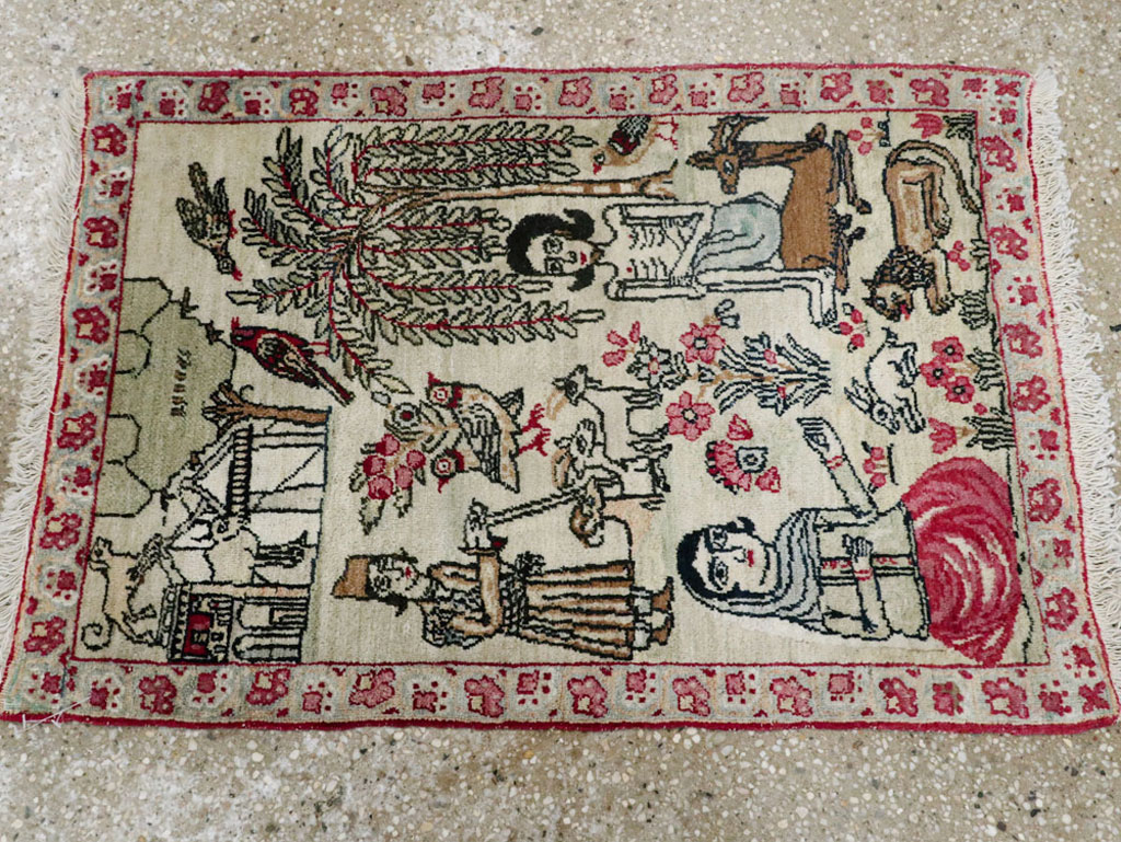 Vintage Persian Kerman Pictorial Rug (Pair: 1 of 2), No.23134 - Gsblank