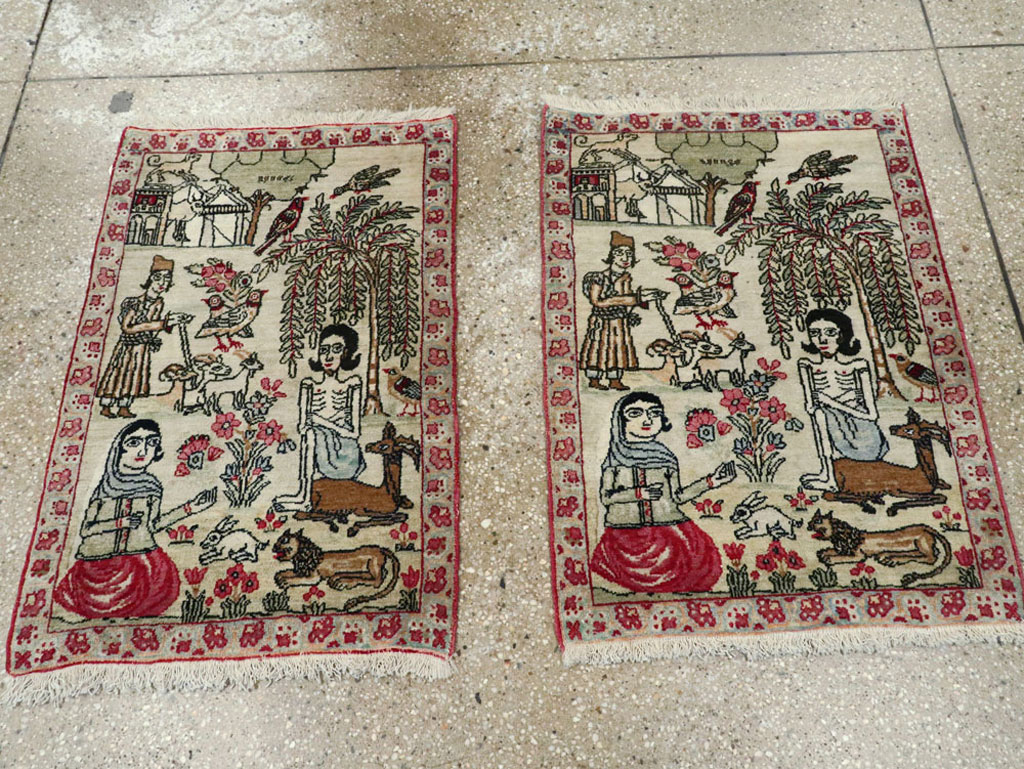 Vintage Persian Kerman Pictorial Rug (Pair: 1 of 2), No.23134 - Gsblank