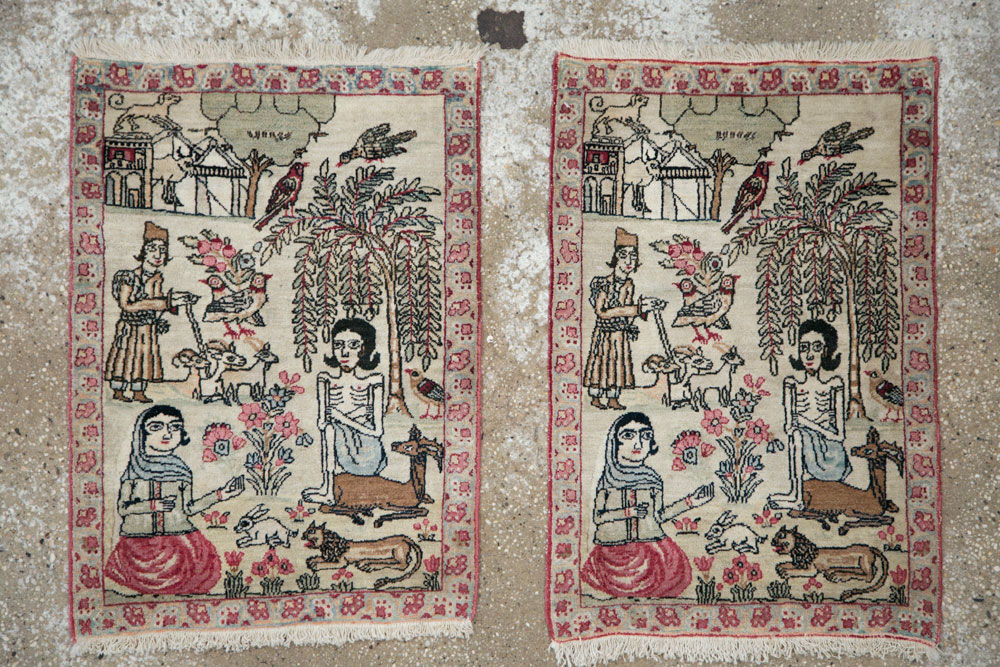 Vintage Persian Kerman Pictorial Rug (Pair: 2 of 2), No.23135 - Gsblank