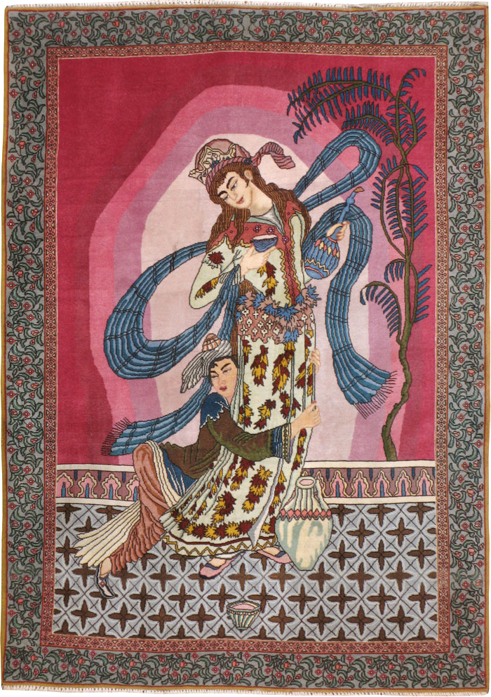 Vintage Persian Tabriz Pictorial Throw Rug (Pair: 1 of 2), No.23847 - Gsblank