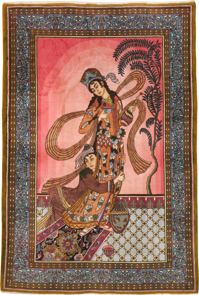 Vintage Persian Tabriz Pictorial Throw Rug (Pair: 2 of 2), No.23848 - Gsblank