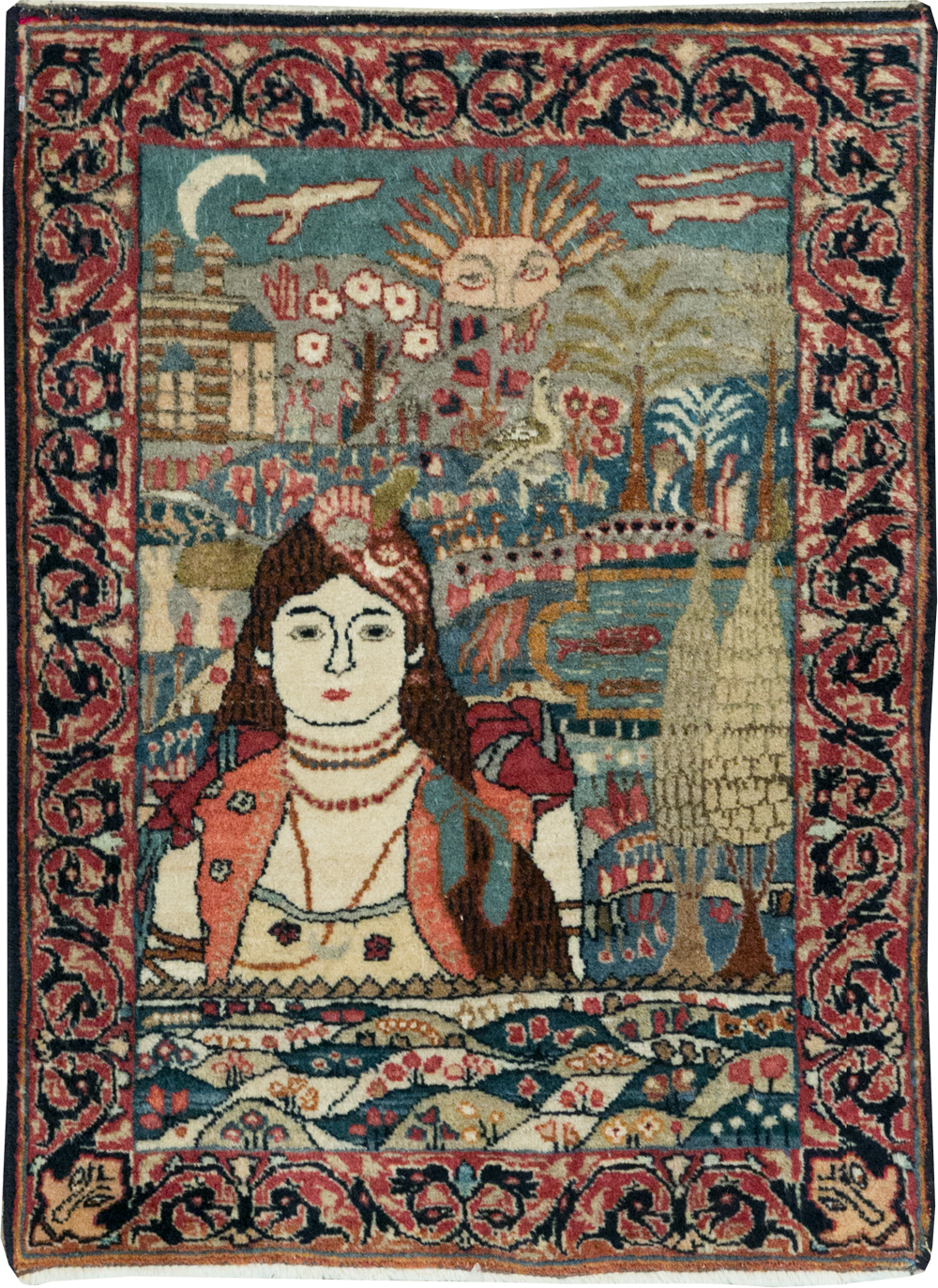 Antique Persian Lavar Kerman Pictorial Rug, No.24245 - Gsblank