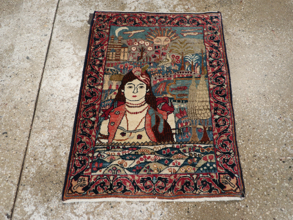 Antique Persian Lavar Kerman Pictorial Rug, No.24245 - Gsblank