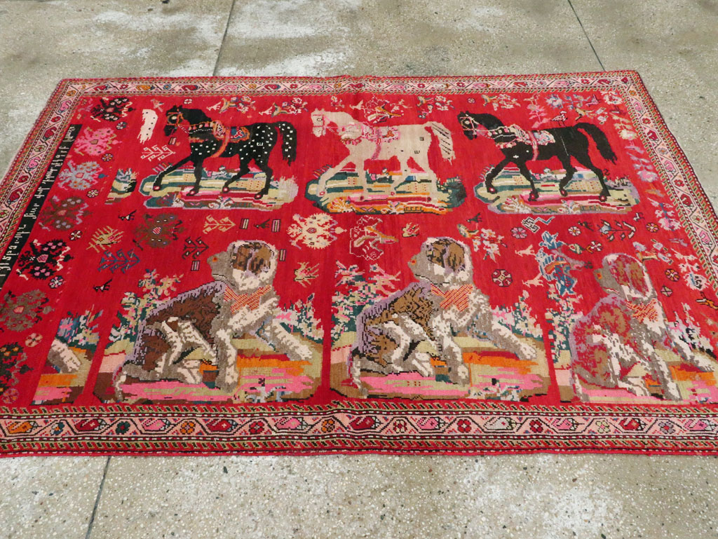 Vintage Caucasian Karabagh Pictorial Accent Rug, No.24487 - Gsblank