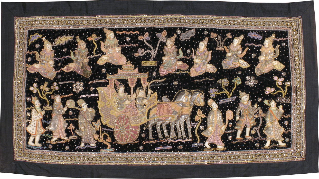 Burmese High Relief Richly Embroidered and Beaded Tapestry, No.24512 - Gsblank