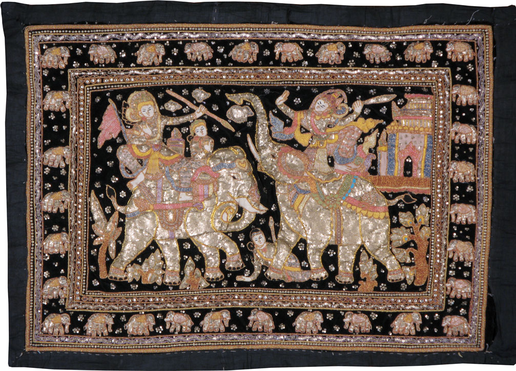 Burmese High Relief Richly Embroidered and Beaded Tapestry, No.24648 - Gsblank