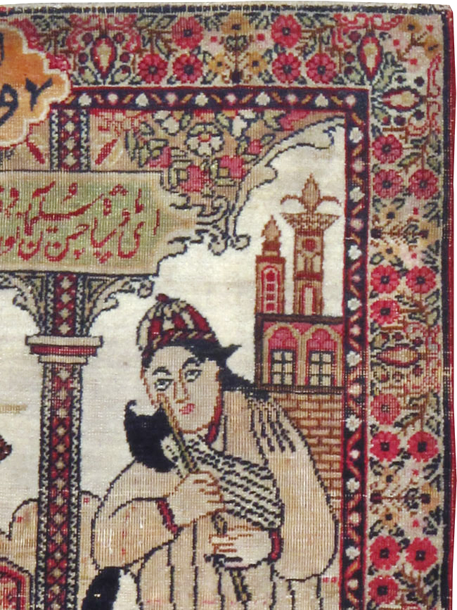 Antique Persian Lavar Kerman Pictorial Throw Rug (Pair: 1 of 2), No.24993 - Gsblank