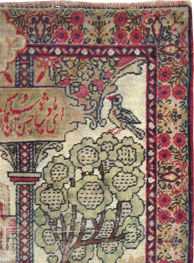 Antique Persian Lavar Kerman Pictorial Throw Rug, No.25005 - Gsblank