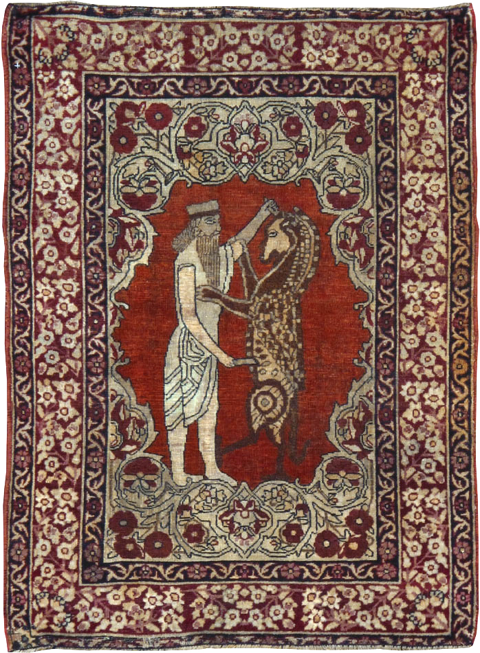 Antique Persian Lavar Kerman Pictorial Throw Rug, No.25014 - Gsblank