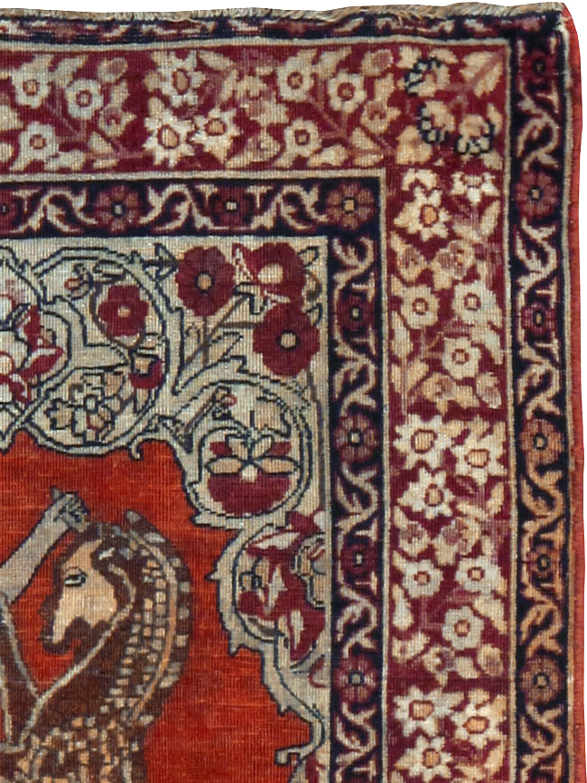 Antique Persian Lavar Kerman Pictorial Throw Rug, No.25014 - Gsblank