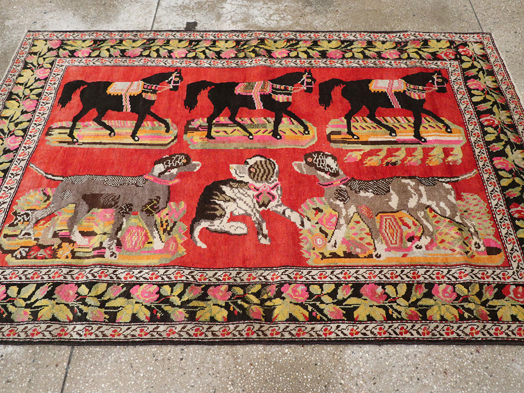 Vintage Caucasian Karabagh Pictorial Accent Rug, No.25651 - Gsblank