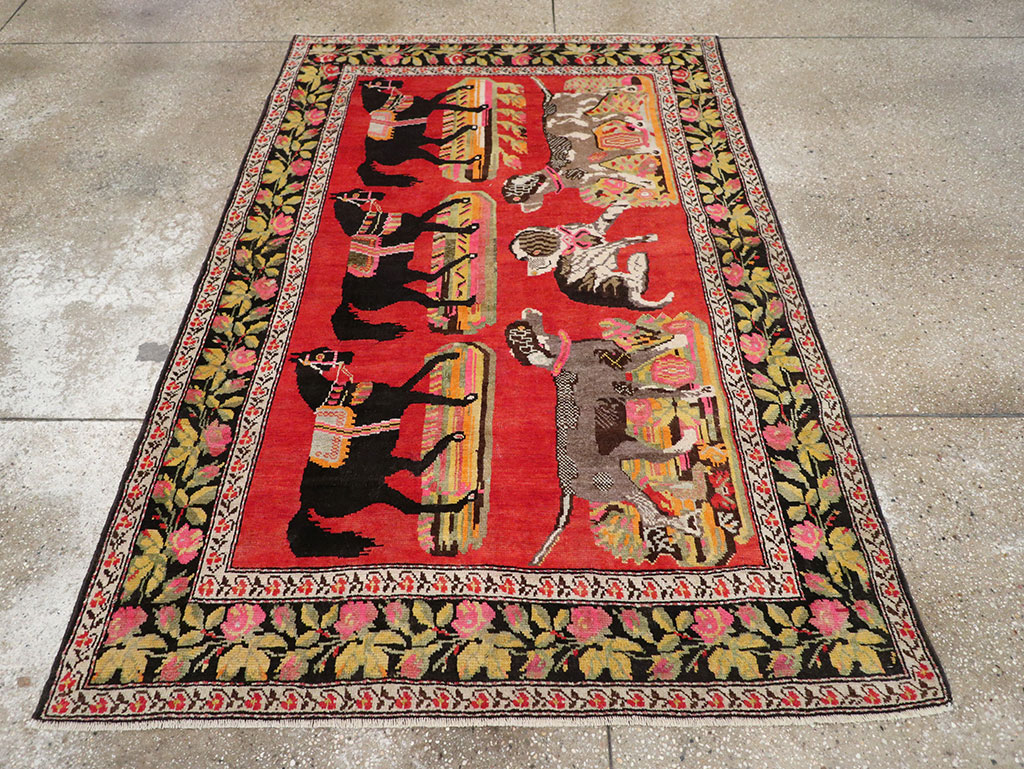 Vintage Caucasian Karabagh Pictorial Accent Rug, No.25651 - Gsblank