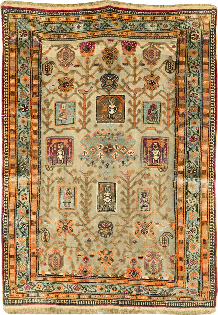 Silk Antique Persian Shiraz Pictorial Souf Throw Rug, No.26503 - Gsblank