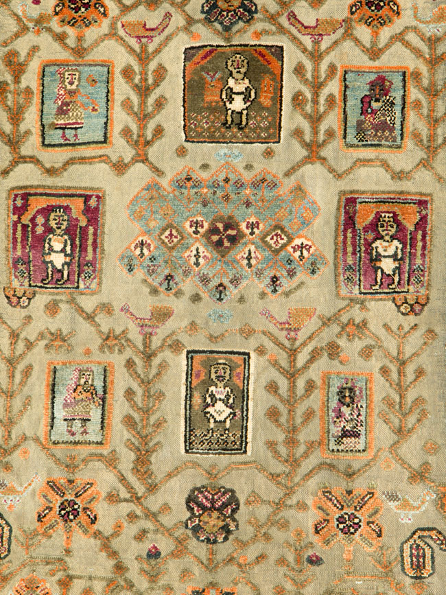 Silk Antique Persian Shiraz Pictorial Souf Throw Rug, No.26503 - Gsblank
