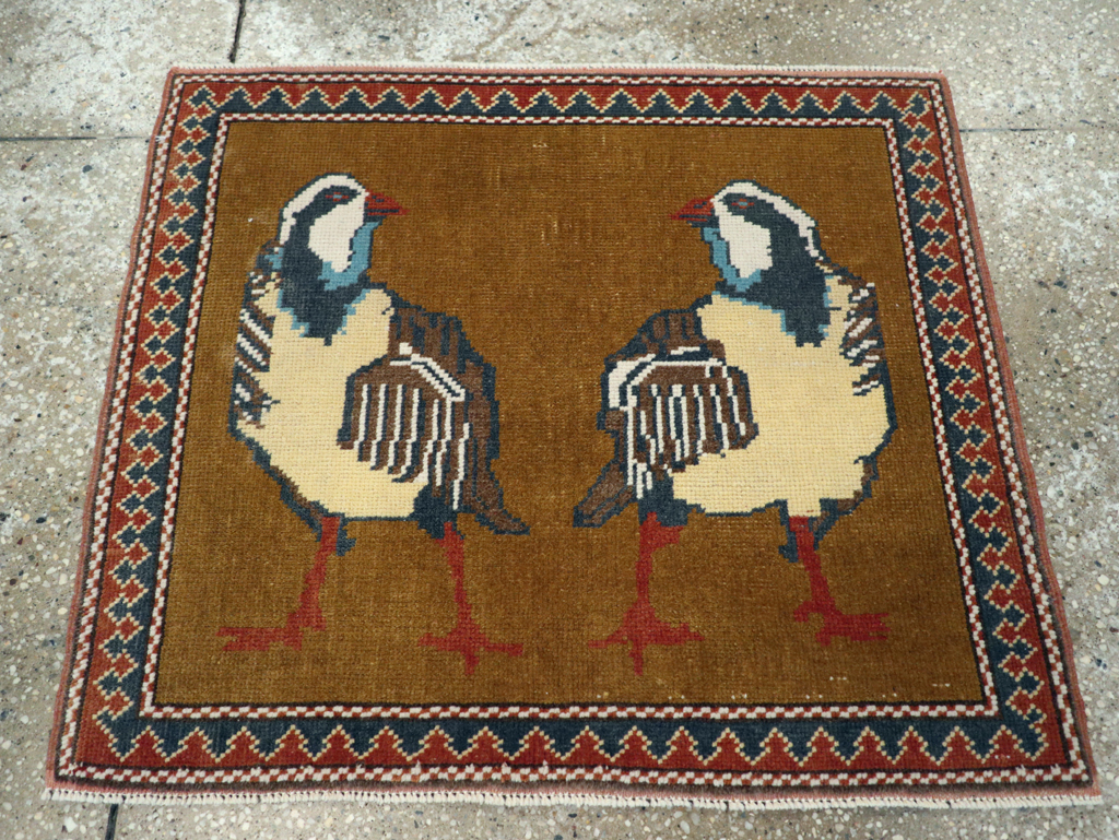 Vintage Turkish Anatolian Pictorial Square Throw Rug, No.26628 - Gsblank