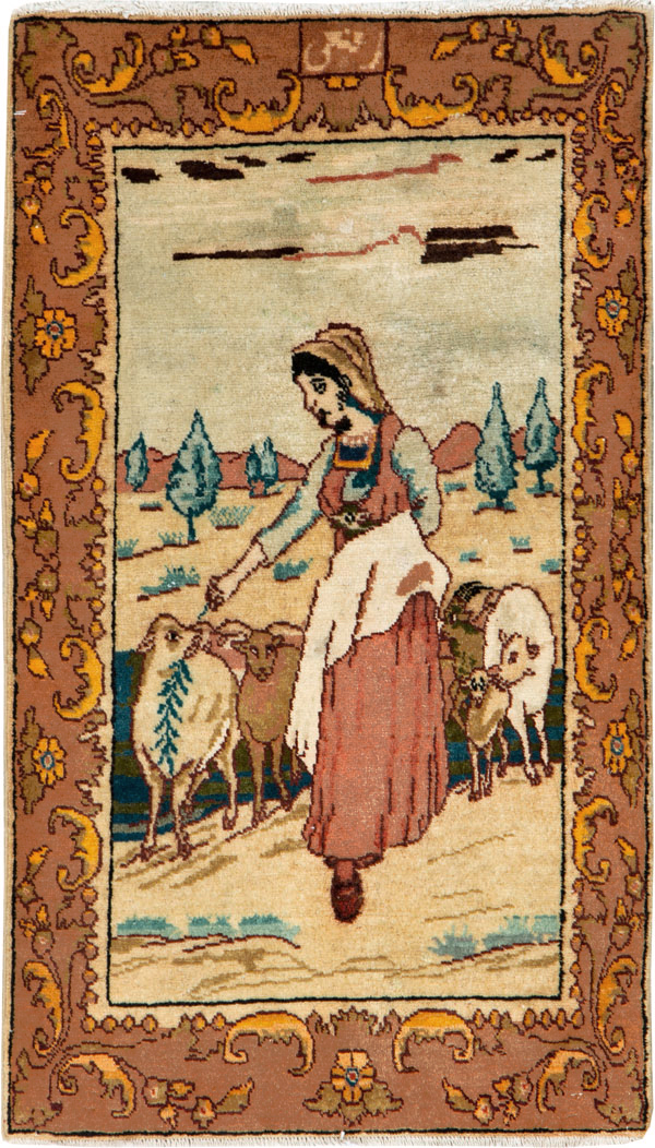 Vintage Persian Tabriz Pictorial Throw Rug, No.26711 - Gsblank