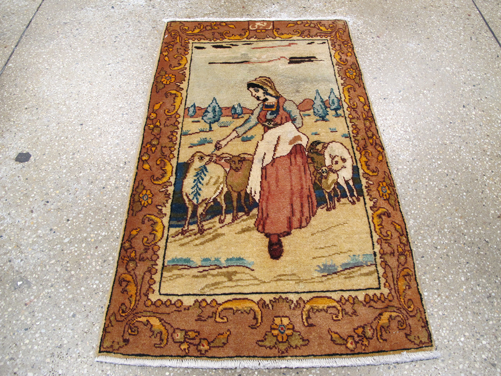 Vintage Persian Tabriz Pictorial Throw Rug, No.26711 - Gsblank