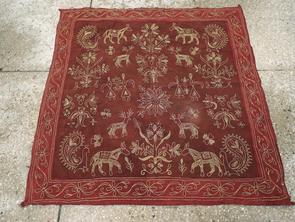 Vintage Persian Embroidered Textile Pictorial Wall Hanging, No.27546 - Gsblank