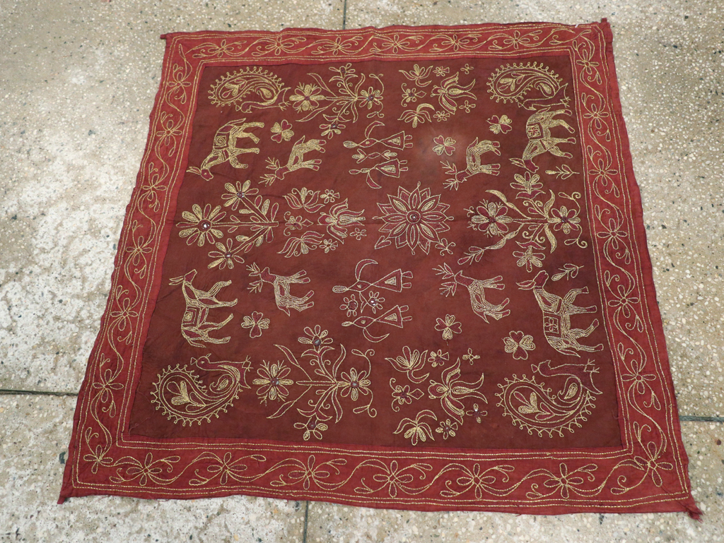Vintage Persian Embroidered Textile Pictorial Wall Hanging, No.27546 - Gsblank