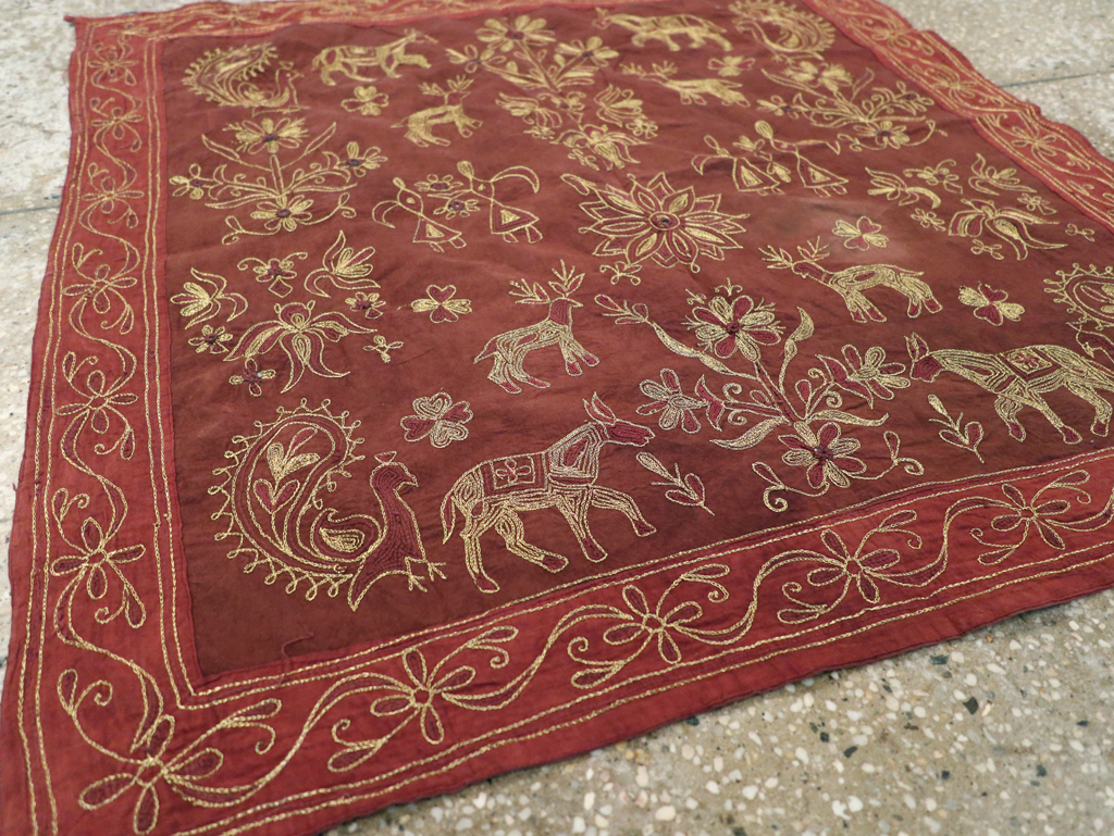 Vintage Persian Embroidered Textile Pictorial Wall Hanging, No.27546 - Gsblank