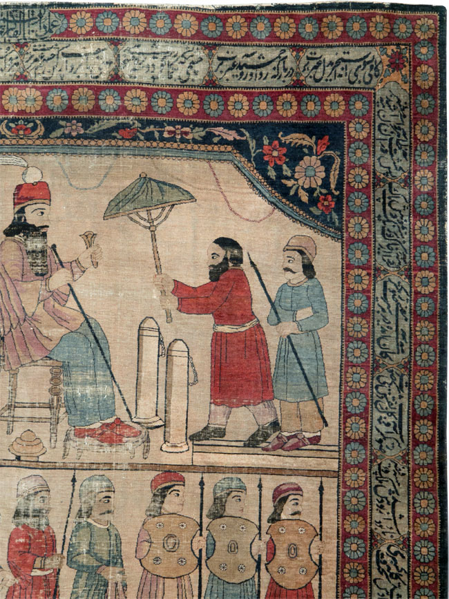 Antique Persian Lavar Kerman Pictorial Accent Carpet, No.27776 - Gsblank