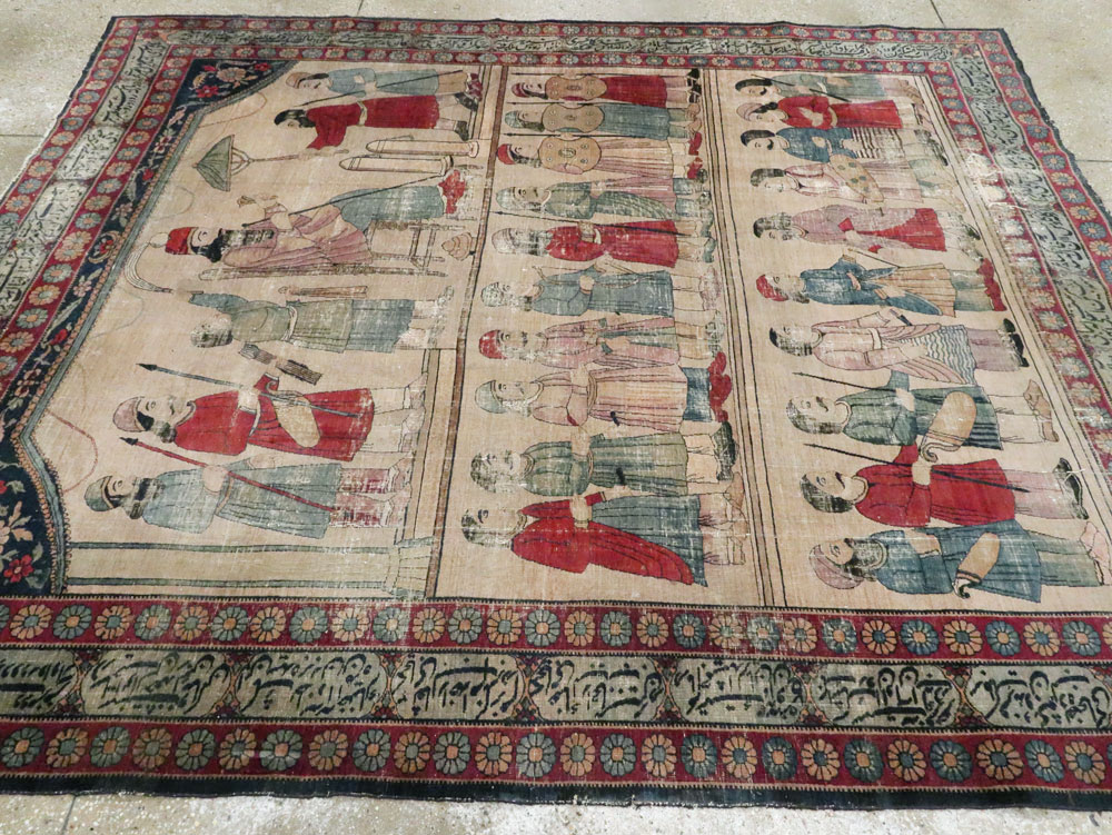 Antique Persian Lavar Kerman Pictorial Accent Carpet, No.27776 - Gsblank