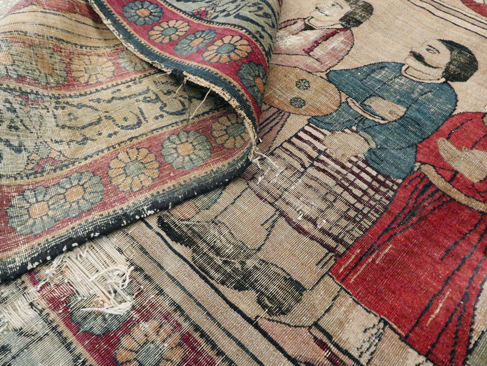 Antique Persian Lavar Kerman Pictorial Accent Carpet, No.27776 - Gsblank