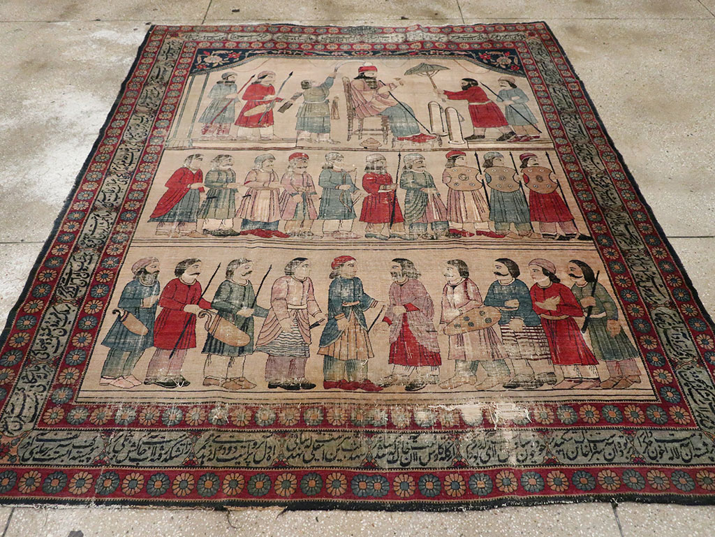 Antique Persian Lavar Kerman Pictorial Accent Carpet, No.27776 - Gsblank