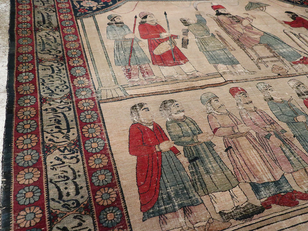 Antique Persian Lavar Kerman Pictorial Accent Carpet, No.27776 - Gsblank