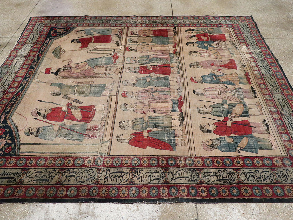 Antique Persian Lavar Kerman Pictorial Accent Carpet, No.27776 - Gsblank