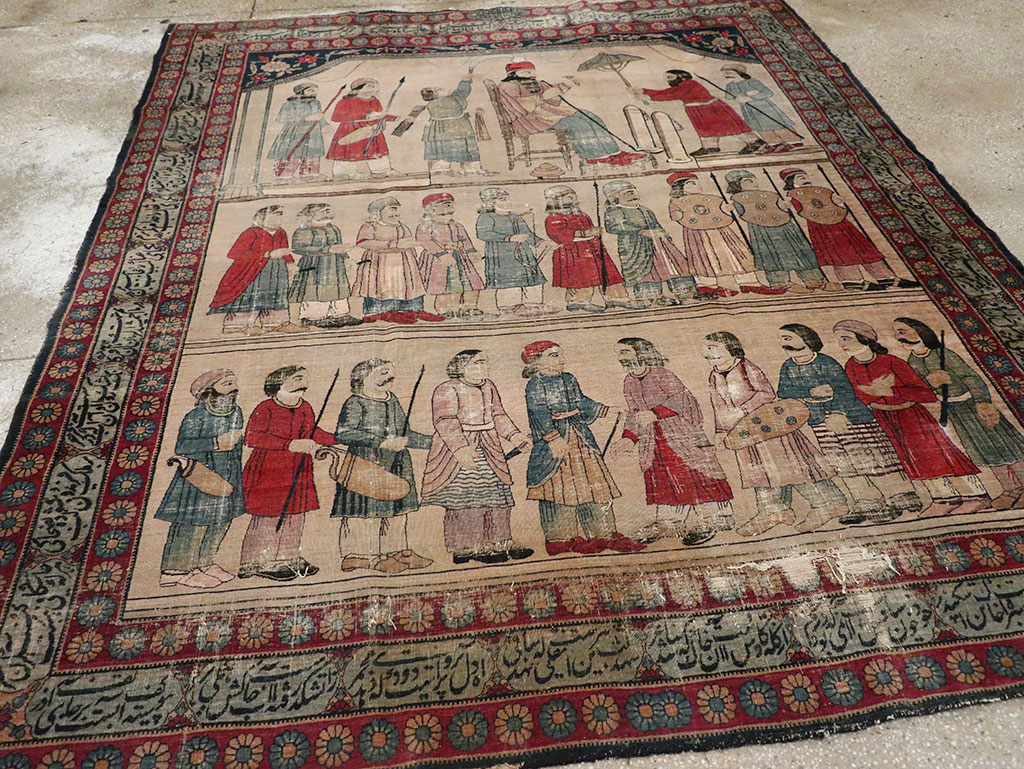 Antique Persian Lavar Kerman Pictorial Accent Carpet, No.27776 - Gsblank