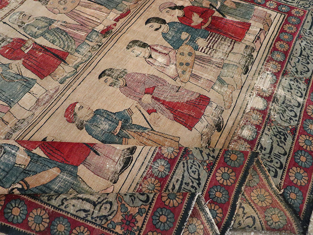 Antique Persian Lavar Kerman Pictorial Accent Carpet, No.27776 - Gsblank