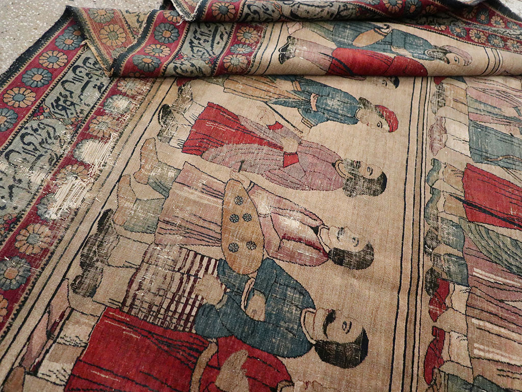 Antique Persian Lavar Kerman Pictorial Accent Carpet, No.27776 - Gsblank