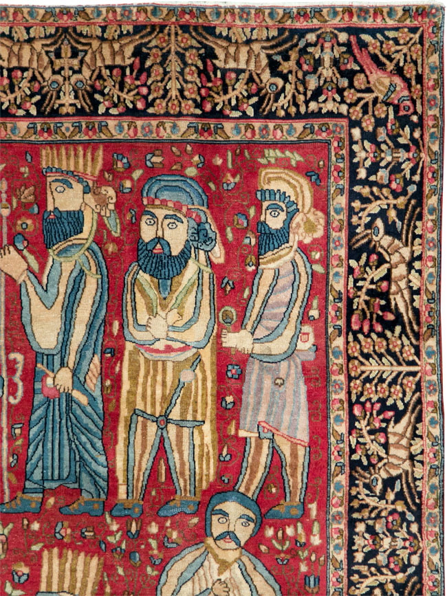 Vintage Persian Kerman Pictorial Accent Rug, No.27792 - Gsblank